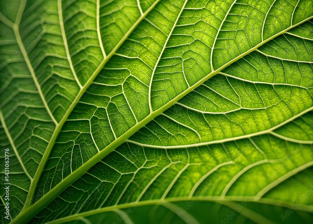 macro Close-up of a vibrant green leaf showing intricate vein patterns and textures.