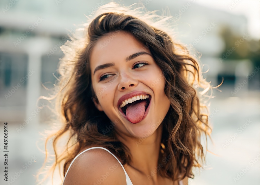 Close-up of a young woman playfully sticking out her tongue in natural light.