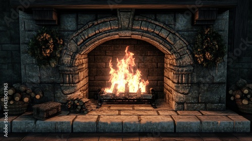 Stone Fireplace with Cozy Fire and Festive Accents
