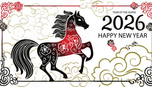 happy new year horse. Chinese banner, Happy New Year 2026 poster