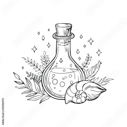 Potion bottle magic vector. Vintage witch game alchemy sketch with crystal, cat, shell, plant. 