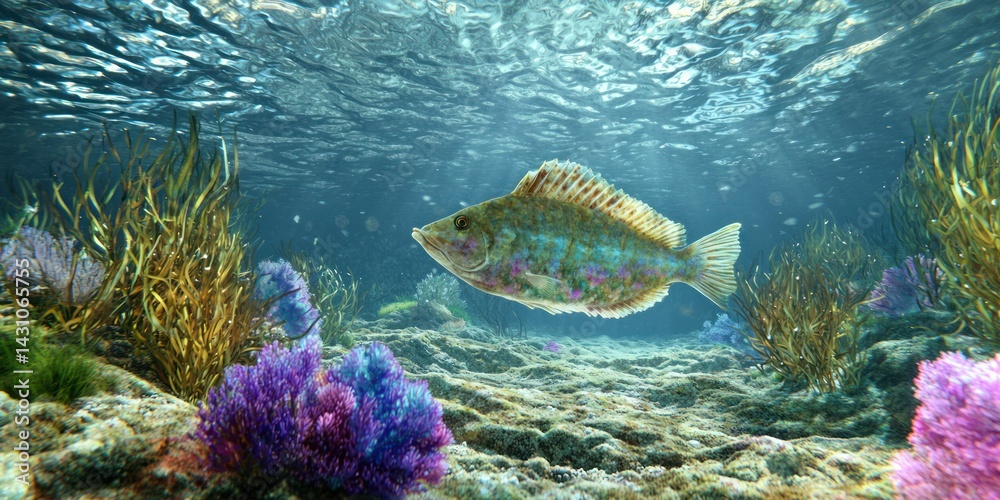 Obraz premium A flounder shifting its color to blend into the seabed, a fascinating display of natural adaptation