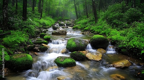 Mountain stream cascading over mossy rocks surrounded by dense forest refreshing nature