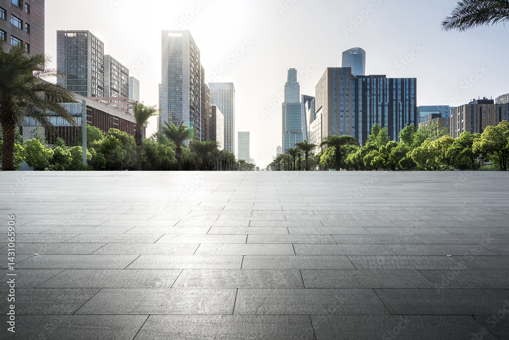 Modern City Skyline with Lush Greenery and Vibrant Atmosphere