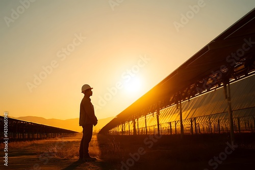 An engineer standing before a large solar farm at sunset, with the warm golden light casting long shadows across the panels.