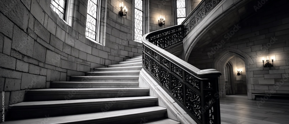 Fototapeta premium Dramatic view of a building staircase with stone walls and arched windows