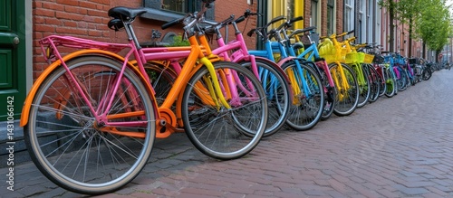 Colorful bikes parked street, city background