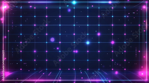 Neon grid pattern with glowing lines and dots, abstract data visualization