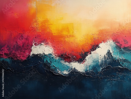 Abstract painting of mountains with a colorful sky in shades of red and yellow.