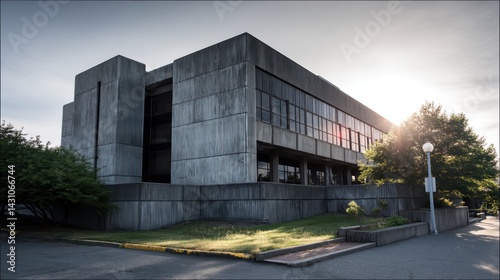 Wallpaper Mural Modernist concrete building with vertical lines and windows, green grass, sidewalk lamppost under warm sunset light. Torontodigital.ca
