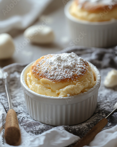 Delicious fluffy souffle served in elegant ramekins, dusted with powdered sugar for a charming dessert experience.