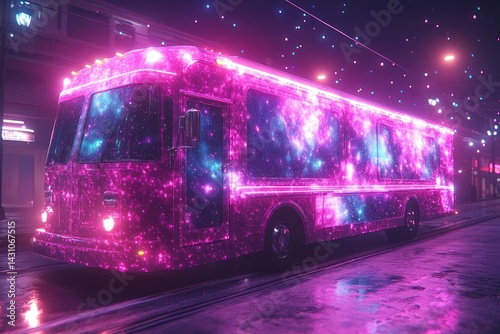 An artistic rendering presents a galaxy bus moving down a street