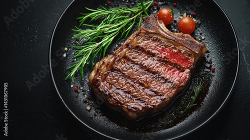 Exquisite pan-seared steak plated elegantly with a side of vegetables and garnish sitting on a white plate