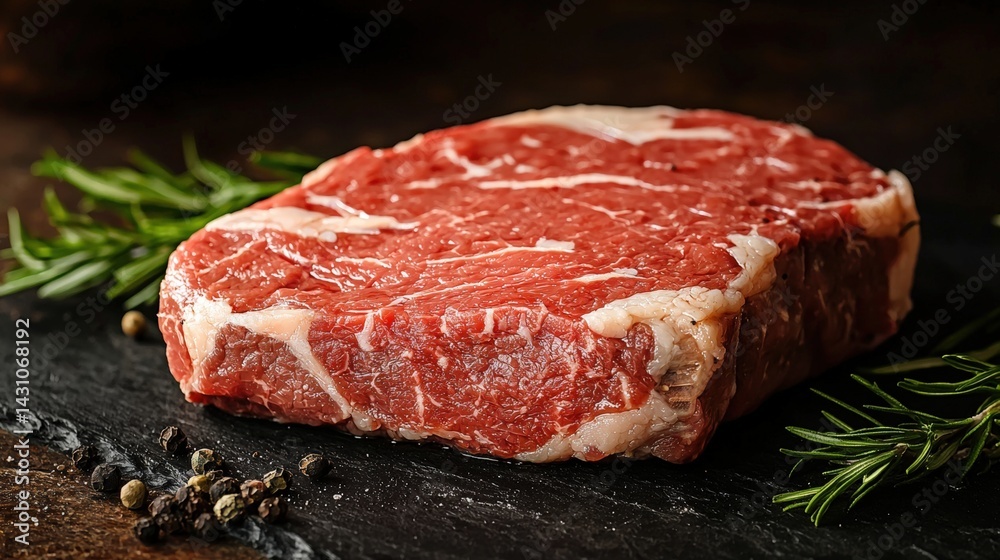 Exquisite pork steak placed elegantly on a black slate with ample space for text and culinary presentation Exquisite pork steak placed elegantly on a black slate with ample space for text and culinary presentation