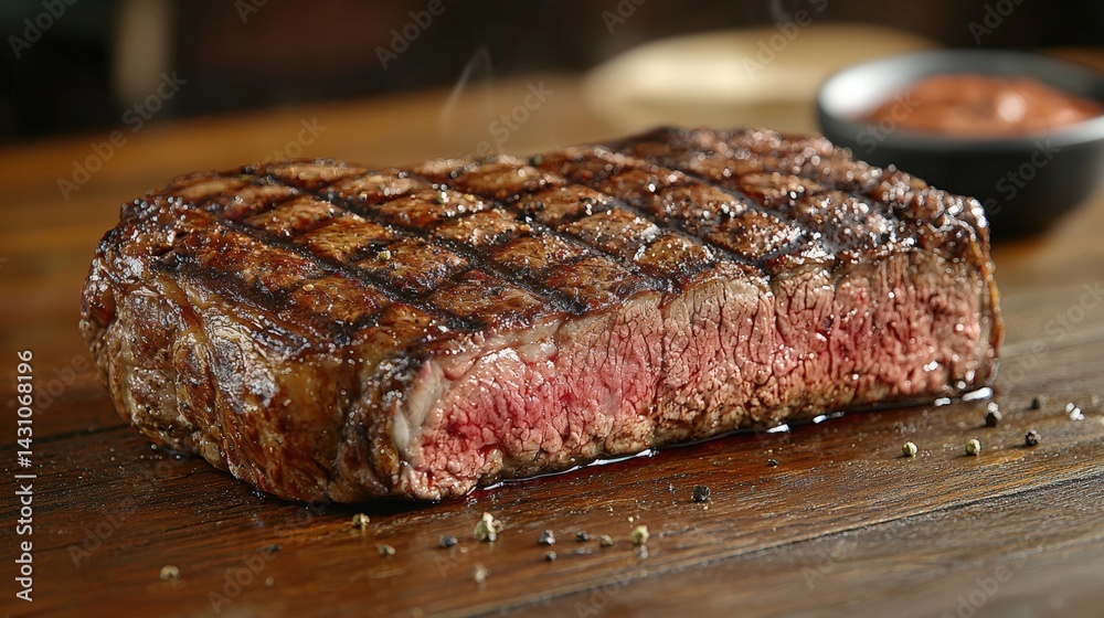 Flavorful prime rib steak positioned on a rustic wooden table with space for text and culinary creativity Flavorful prime rib steak positioned on a rustic wooden table with space for text and culinary creativity