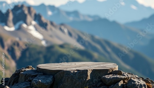 Empty stone display podium on a mountain peak with a blurred landscape. Nature, outdoor concept with copy space for product placement.