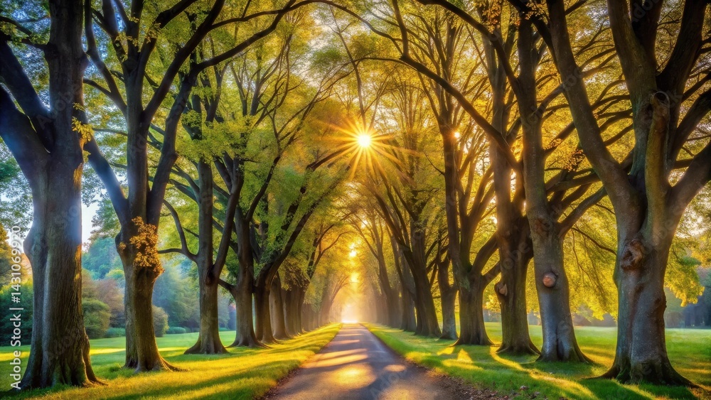 Fototapeta premium Sunlit Pathway Through a Canopy of Majestic Trees on a Serene Morning