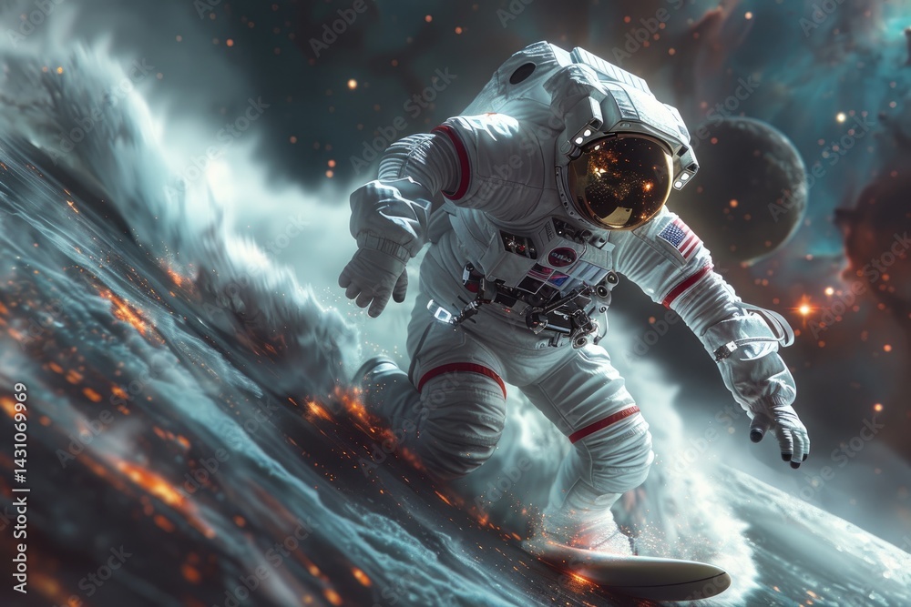 Fototapeta premium An astronaut surfs a cosmic wave in outer space gracefully