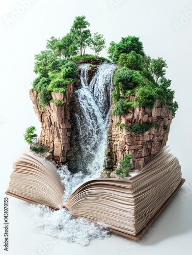 Obraz na płótnie Creative Waterfall Flows From an Open Book With Natural Cliffs and Trees Highlighting Knowledge and Imagination Generative AI w salonie