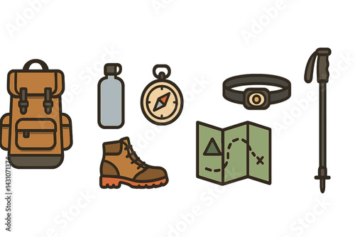 Outdoor hiking gear icons featuring backpack and hiking boots