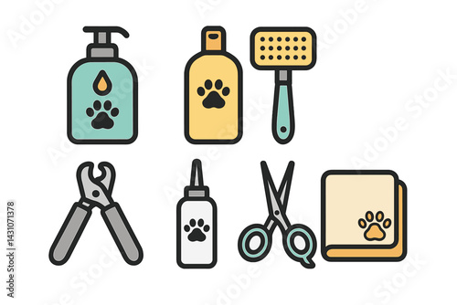 Pet grooming essential icons featuring shampoo and conditioner