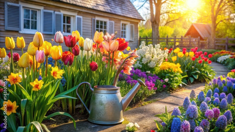Fototapeta premium A sunlit garden path meanders through a vibrant display of spring blossoms, featuring tulips, daffodils, and hyacinths, with a rustic watering can nestled amongst the colorful flowers.