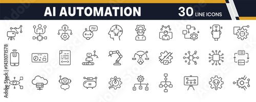 AI Tools and Automation Icons – Smart Technology, Machine Learning, and Workflow Automation Line Icon Pack
