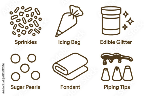 Baking decoration icons featuring sprinkles and icing bag