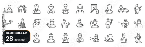 Blue Collar Professions Icons – Labor Jobs, Skilled Trades, and Manual Work Line Icon Set