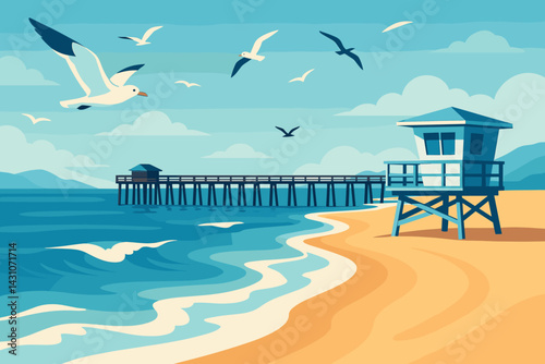 Coastal beach scene with a pier, seagulls, waves, and a lifeguard tower