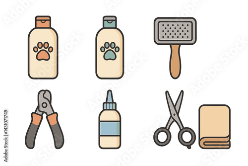 Pet grooming essential icons featuring shampoo and conditioner