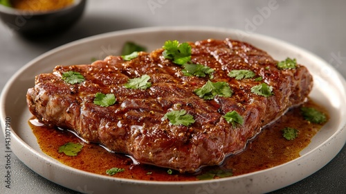 Elegant plate of steak drizzled with rich sauce and seasoned with garam masala offering copy space for textual additions