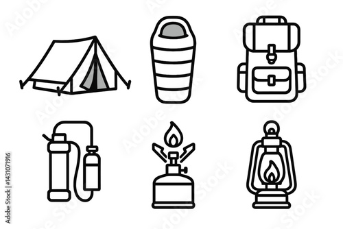Outdoor adventure gear icons featuring tent and sleeping bag