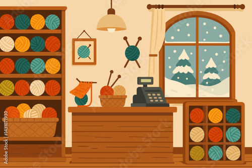 Winter knitting shop scene with yarn, needles, a counter, and snow outside