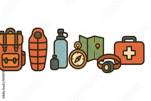 Outdoor adventure essential icons featuring backpack and sleeping bag