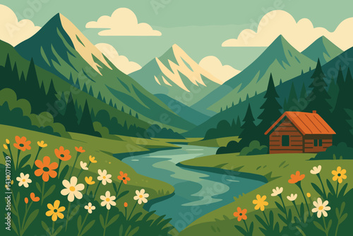 Mountain valley scene with a river, wildflowers, a cabin, and peaks