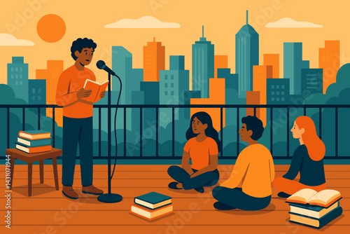 Urban rooftop poetry reading scene with books, a microphone, listeners, and city views