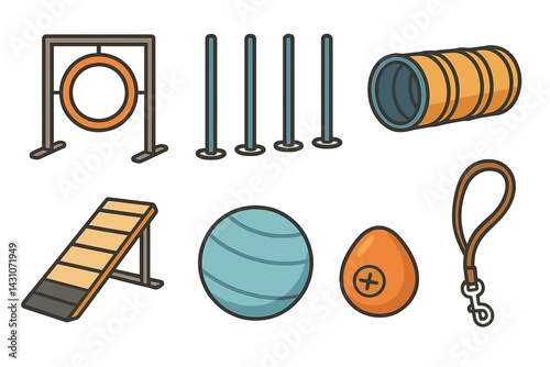 Pet exercise icons featuring agility hoop and weave poles