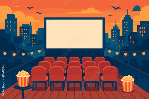 Urban rooftop film festival scene with a screen, seats, popcorn, and city skyline