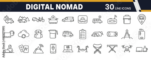 Digital Nomad and Van Life Icons – Remote Lifestyle, Freelance Travel, and Mobile Work Icon Pack
