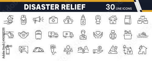 Disaster Relief and Humanitarian Aid Icons – Emergency Response, Support Services, and Recovery Efforts Line Icons