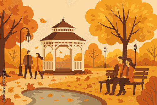 Autumn park scene with a gazebo, fallen leaves, couples, and a pond