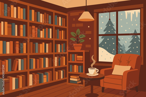 Winter bookstore scene with shelves, a reading nook, coffee, and snow outside