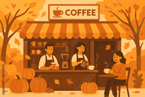 Autumn coffee shop scene with pumpkins, baristas, coffee, and falling leaves