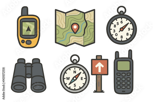 Outdoor navigation icons featuring GPS device and topographic map