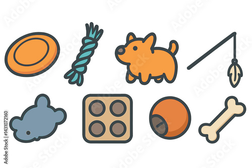 Pet play icons featuring frisbee and tug rope