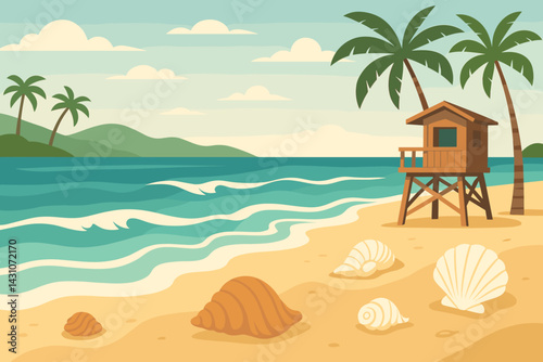 Coastal beach scene with seashells, a lifeguard tower, waves, and palm trees