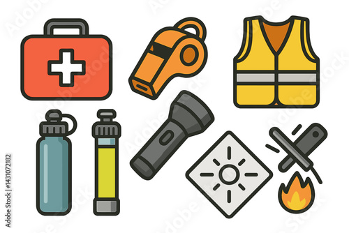 Outdoor safety icons featuring first aid kit and emergency whistle