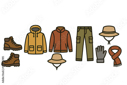 Outdoor adventure clothing icons featuring hiking boots and rain jacket