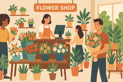 Flower shop scene with bouquets, plants, a cashier, and customers